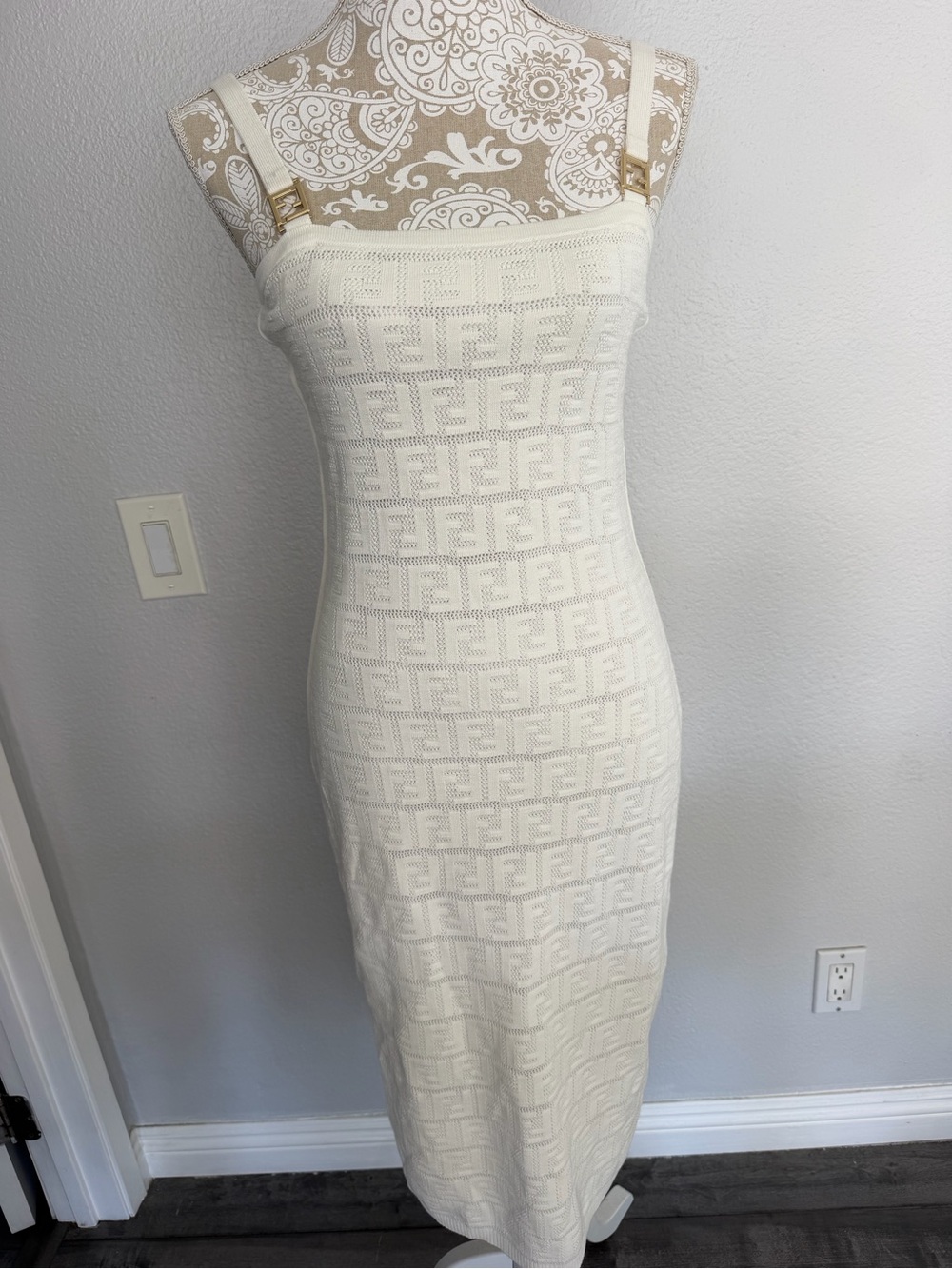 100% Authentic FENDI Cream Knit Bodycon Dress with Adjustable Straps worn 1 time